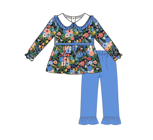 ( Moq 5 ) Preorder Baby Girl Long Sleeves Flower Tunic Blue Ruffle Pans Set