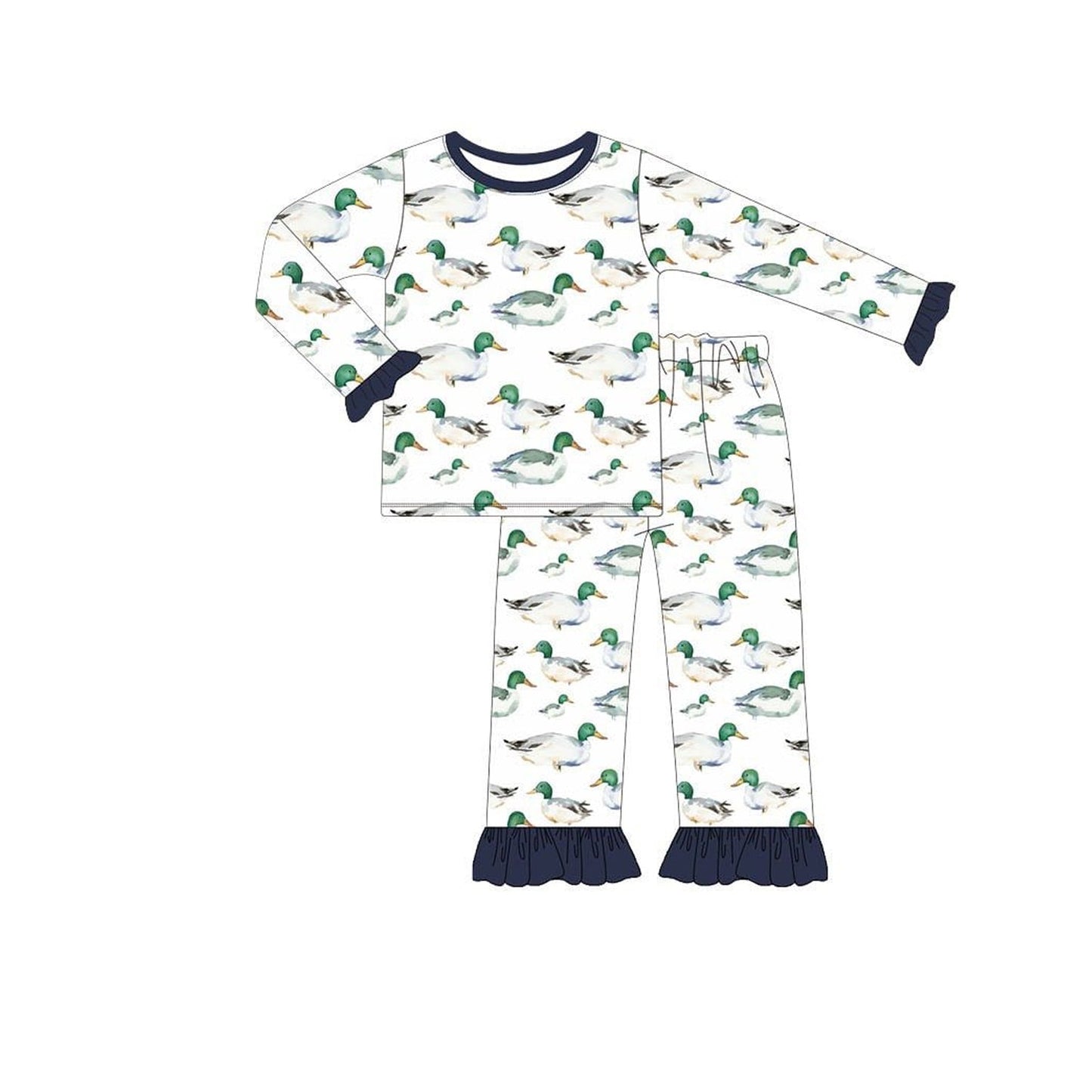 ( Moq 5 ) Preorder Baby Girl Long Sleeves Ducks Shirt Pants Pajamas Set