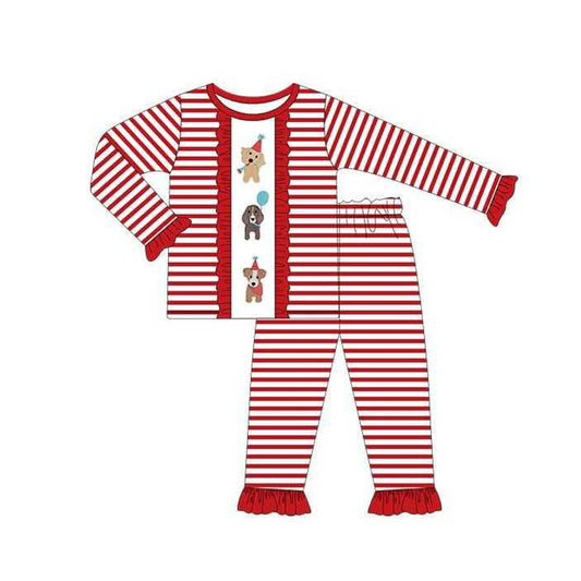 ( Moq 5 ) Preorder Baby Girl Long Sleeves Red Stripes Dogs Shirt Pants Pajamas New Year Set