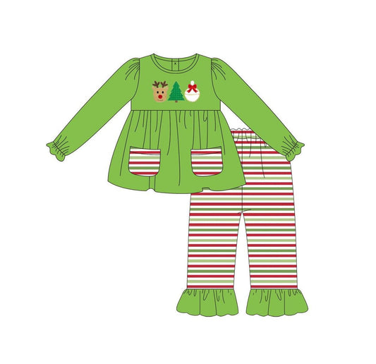 ( Moq 5 ) Preorder Baby Girl Green Long Sleeves Deer Tree Pockets Tunic Stripes Pants Christmas Set