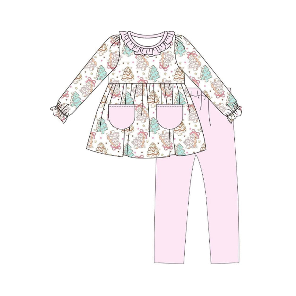 ( Moq 5 ) Preorder Baby Girl Long Sleeves Cakes Tree Pockets Tunic Pink Pants Christmas Set