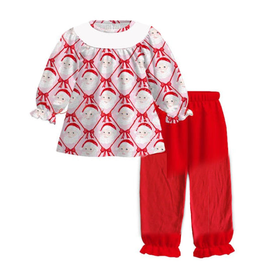 ( Moq 5 ) Preorder Baby Girl Long Sleeves Red Bows Santa Christmas Tunic Red Pants Set