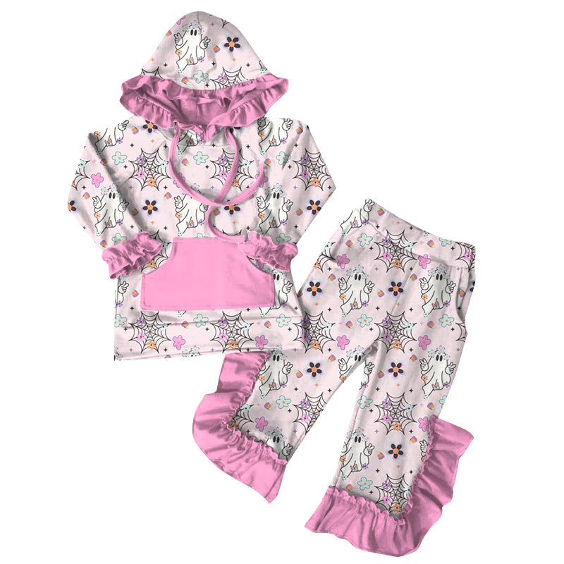 ( Moq 5 ) Preorder Baby Girl Long Sleeves Ghost Flower Pink Hoodie Shirt Pockets Ruffle Pants Halloween Clothes Set