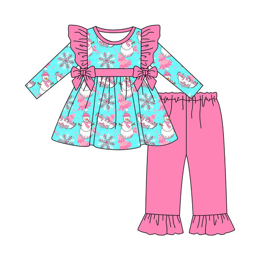( Moq 5 ) Preorder Baby Girl Long Sleeves Snowman Tree Tunic Pink Pants Christmas Clothes Set