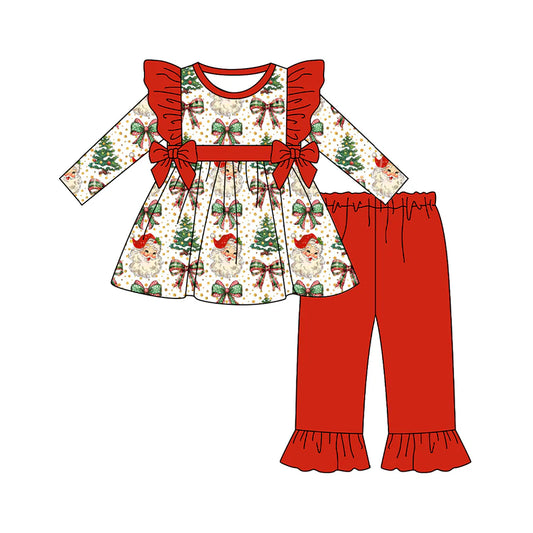 ( Moq 5 ) Preorder Baby Girl Long Sleeves Santa Tree Bows Tunic Red Pants Christmas Clothes Set