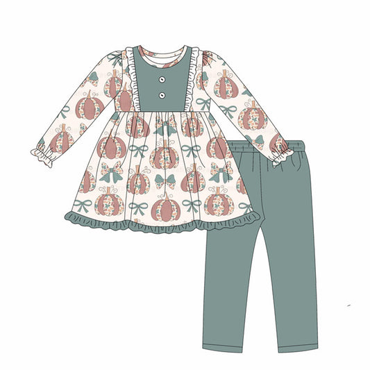 ( Moq 5 ) Preorder Baby Girl Long Sleeves Camo Pumpkin Bows Tunic Green Pants Fall Set Clothes