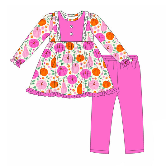 ( Moq 5 ) Preorder Baby Girl Long Sleeves Pumpkin Flower Tunic Pink Legging Pants Fall Set Clothes