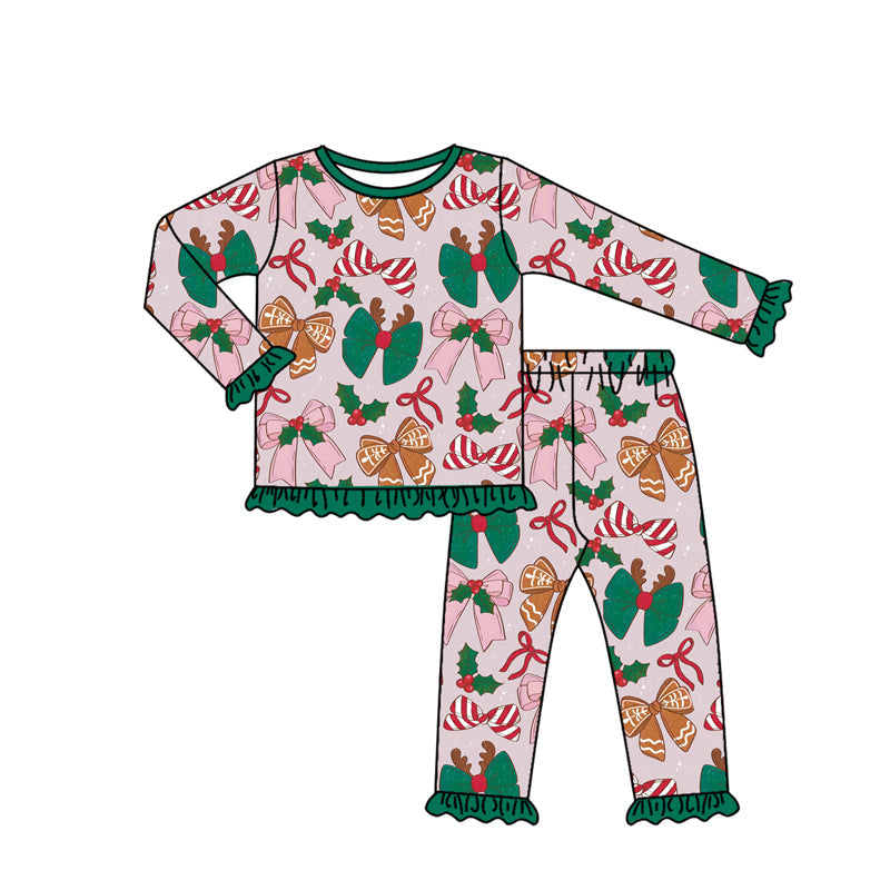 ( Moq 5 ) Preorder Baby Girl Long Sleeves Christmas Bows Holly Shirt Pants Pajamas Clothes Set