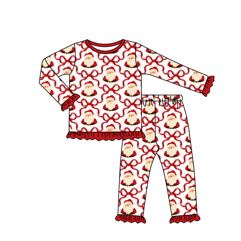 ( Moq 5 ) Preorder Baby Girl Long Sleeves Christmas Santa Bows Shirt Pants Set Clothes Pajamas