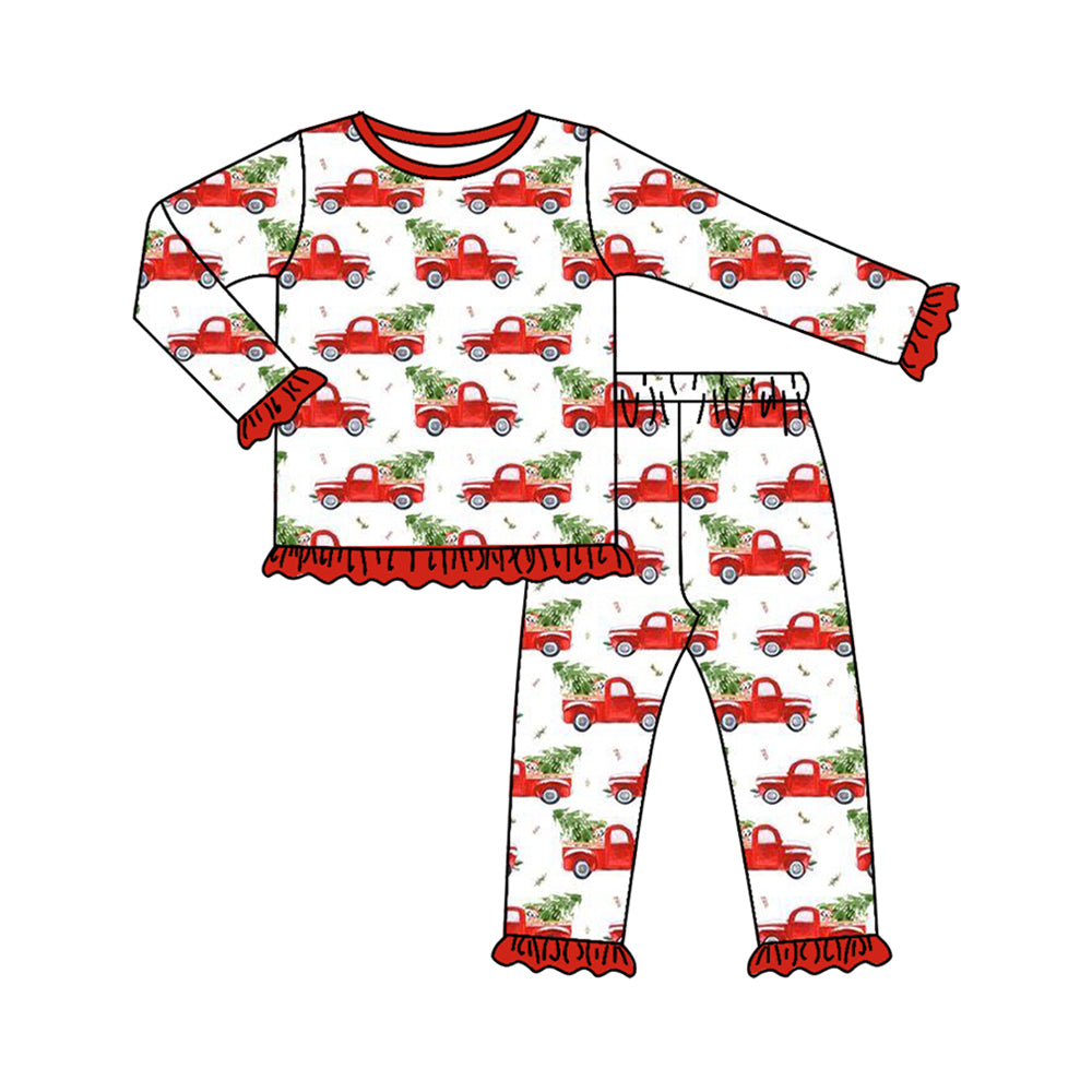 ( Moq 5 ) Preorder Baby Girl Long Sleeves Trucks Tree Christmas Shirt Pants Pajamas Set