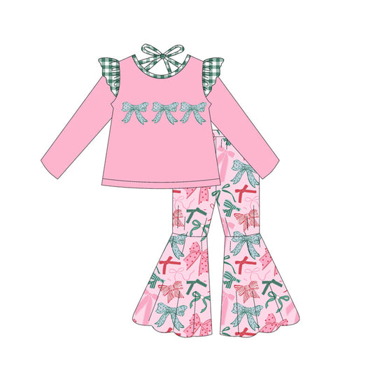 ( Moq 5 ) Preorder Baby Girl Long Sleeves Christmas Bows Shirt Bell Pants Pink Set