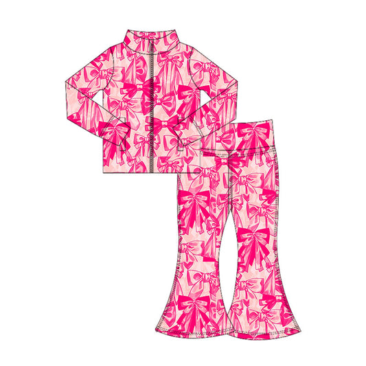 ( Moq 5 ) Preorder Baby Girl Long Sleeves Pink Bows Zipper Pockets Yoga Active Tops Pants Set