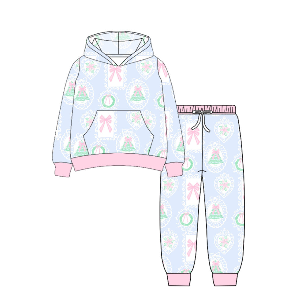 ( Moq 5 ) Preorder Baby Girl Long Sleeves Christmas Holly Bows Tree Pocket Hoodie Shirt Pants Set