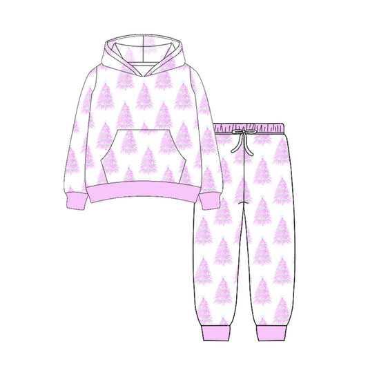 ( Moq 5 ) Preorder Baby Girl Long Sleeves Christmas Pink Trees Pocket Hoodie Shirt Pants Set