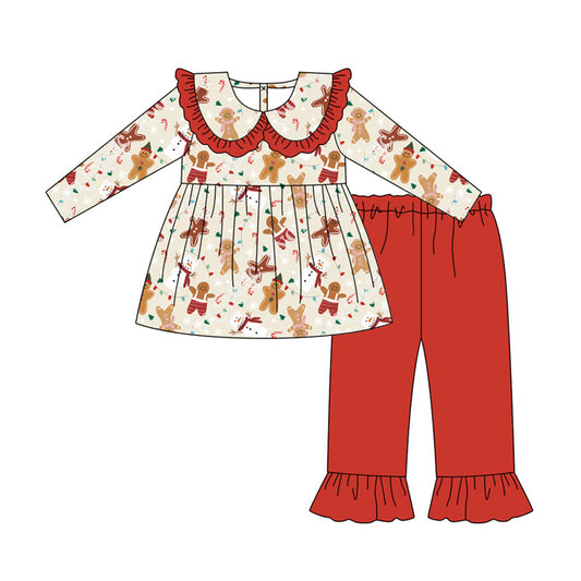 ( Moq 5 ) Preorder Baby Girl Long Sleeves Gingerbread Snowman Tunic Red Ruffle Pants Christmas Set