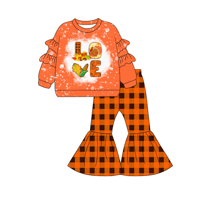 ( Moq 5 ) Preorder Baby Girl Long Sleeves Pumpkin turkey Love Shirt Plaid Bell Pants Fall Set