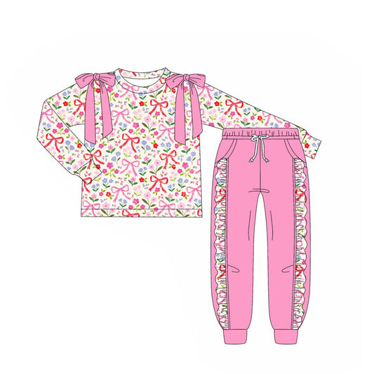 ( Moq 5 ) Preorder Baby Girl Long Sleeves Bows Floral Tops Ruffle Pink Pants Clothes Set
