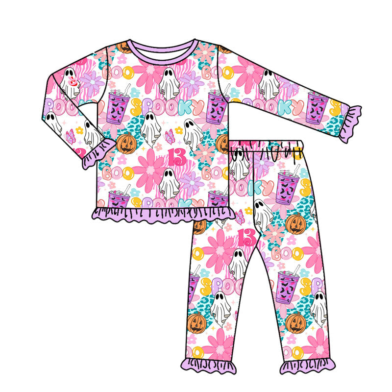 ( Moq 5 ) Preorder Baby Girl Long Sleeves Halloween Ghost Flower Purple Shirt Pants Pajamas Set