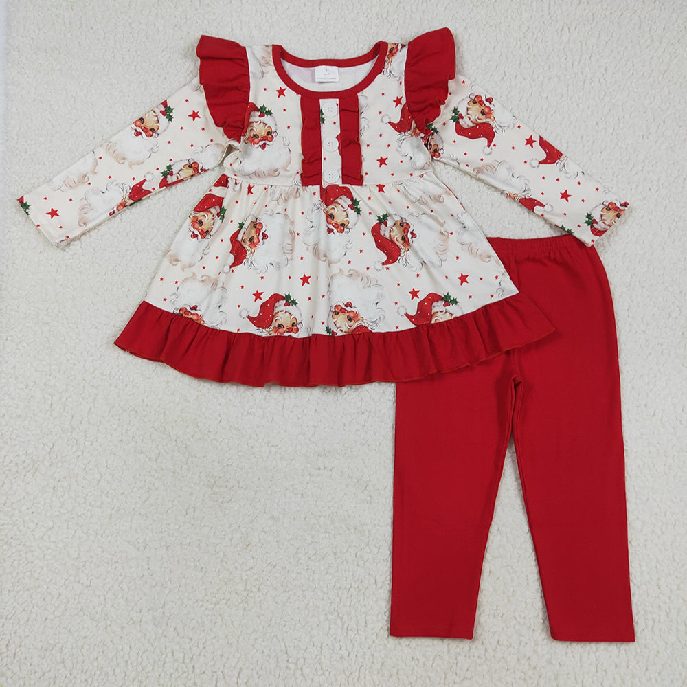 Baby Girl Long Sleeves Santa Stars Sibling Christmas Red Ruffle Romper Outfit Clothes RTS