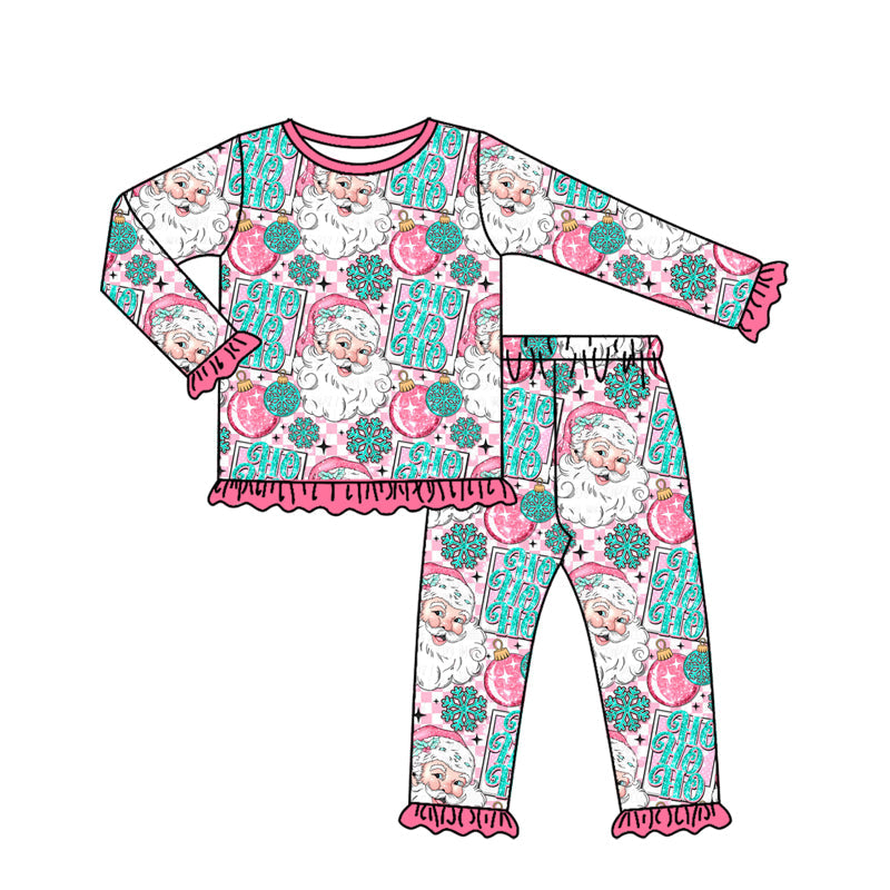( Moq 5 ) Preorder Baby Girl Long Sleeves Santa Plaid Christmas Shirt Pants Pink Ruffle Pajamas Set