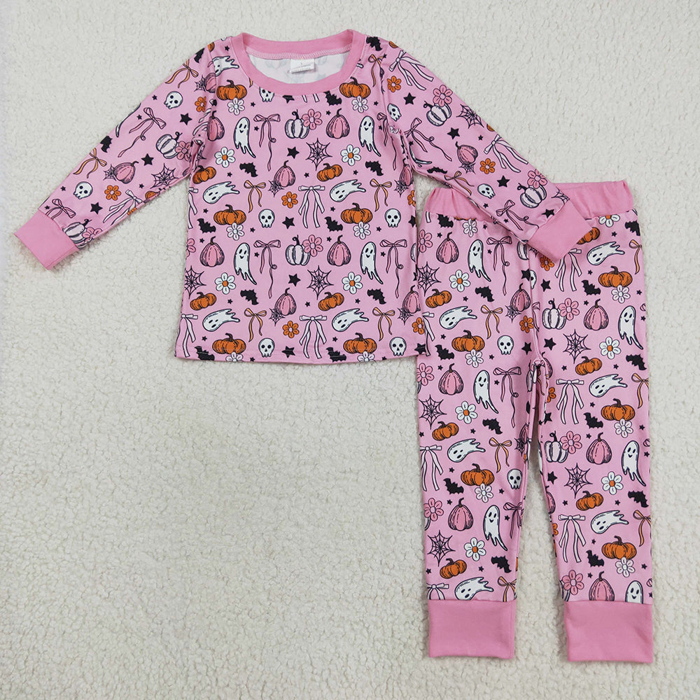 Baby Girl Long Sleeves Ghost Pumpkins Bows Flower Sibling Halloween Pajamas Romper Set RTS