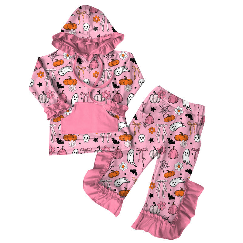 ( Moq 5 ) Preorder Baby Girl Ghost Pumpkins Bows Flower Hoodie Pocket Pullover Ruffle Pants Halloween Pink Set