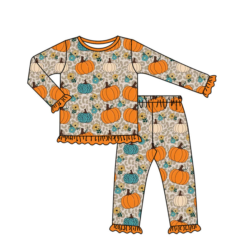 ( Moq 5 ) Preorder Baby Girl Long Sleeves Pumpkins Flower Leopard Shirt Pants Fall Set