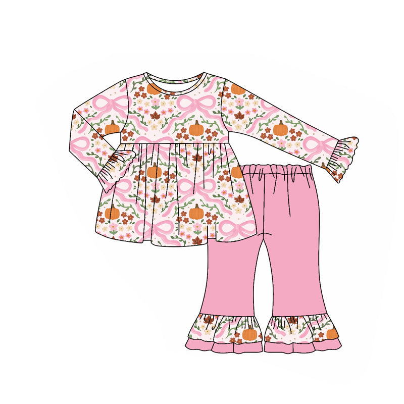 ( Moq 5 ) Preorder Baby Girl Long Sleeves Pumpkins Floral Bows Tunic Ruffle Pink Pants Fall Set