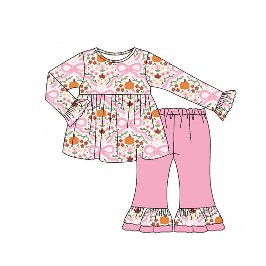 ( Moq 5 ) Preorder Baby Girl Long Sleeves Pumpkins Floral Bows Tunic Ruffle Pink Pants Fall Set