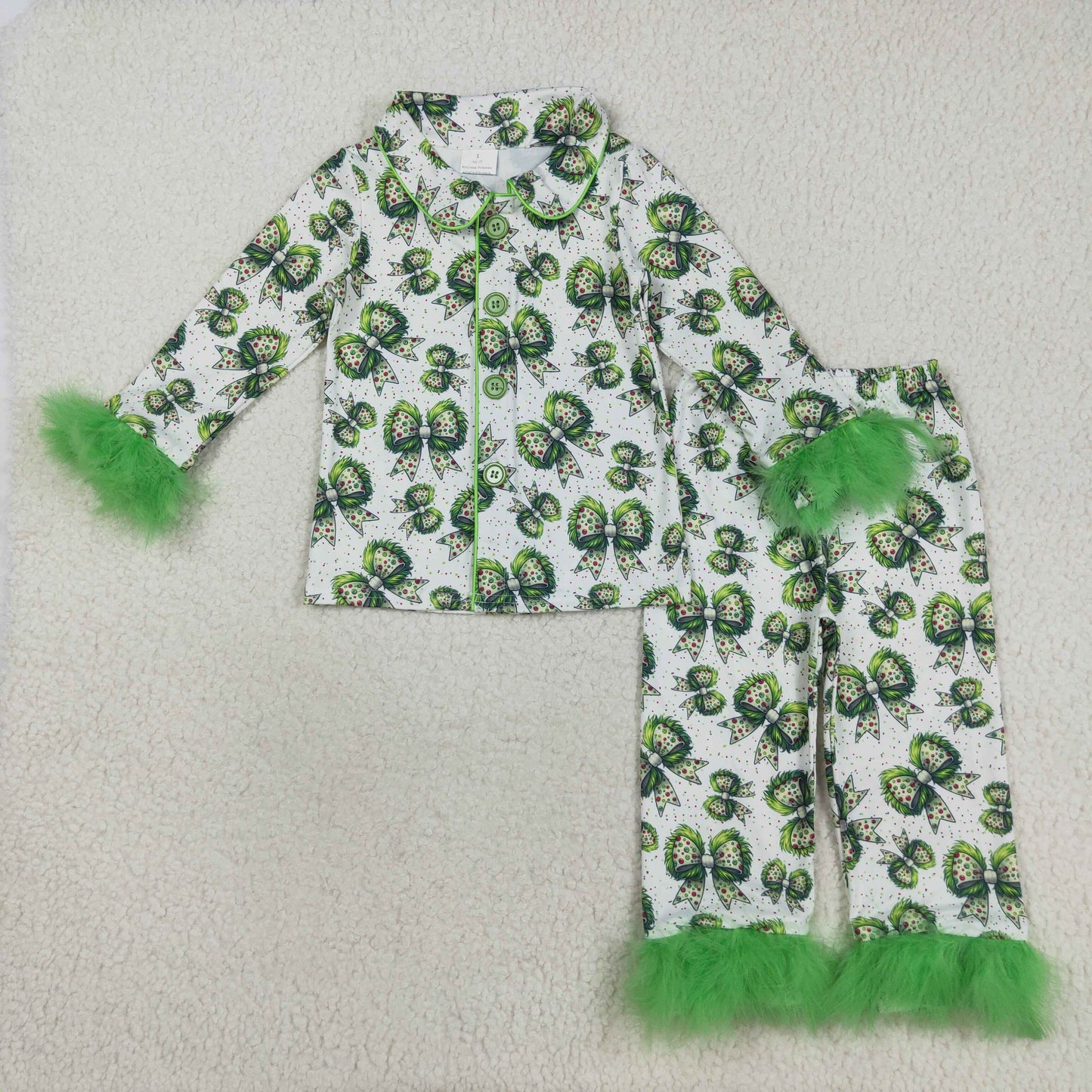 Girls Kids Bows Plaid Green Face Buttons Shirt Pants Sibling Fur Pajamas Christmas Set RTS