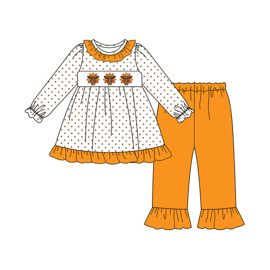 ( Moq 5 ) Preorder Baby Girl Long Sleeves turkey Dots Tunic Orange Pants Thanksgiving Fall Set