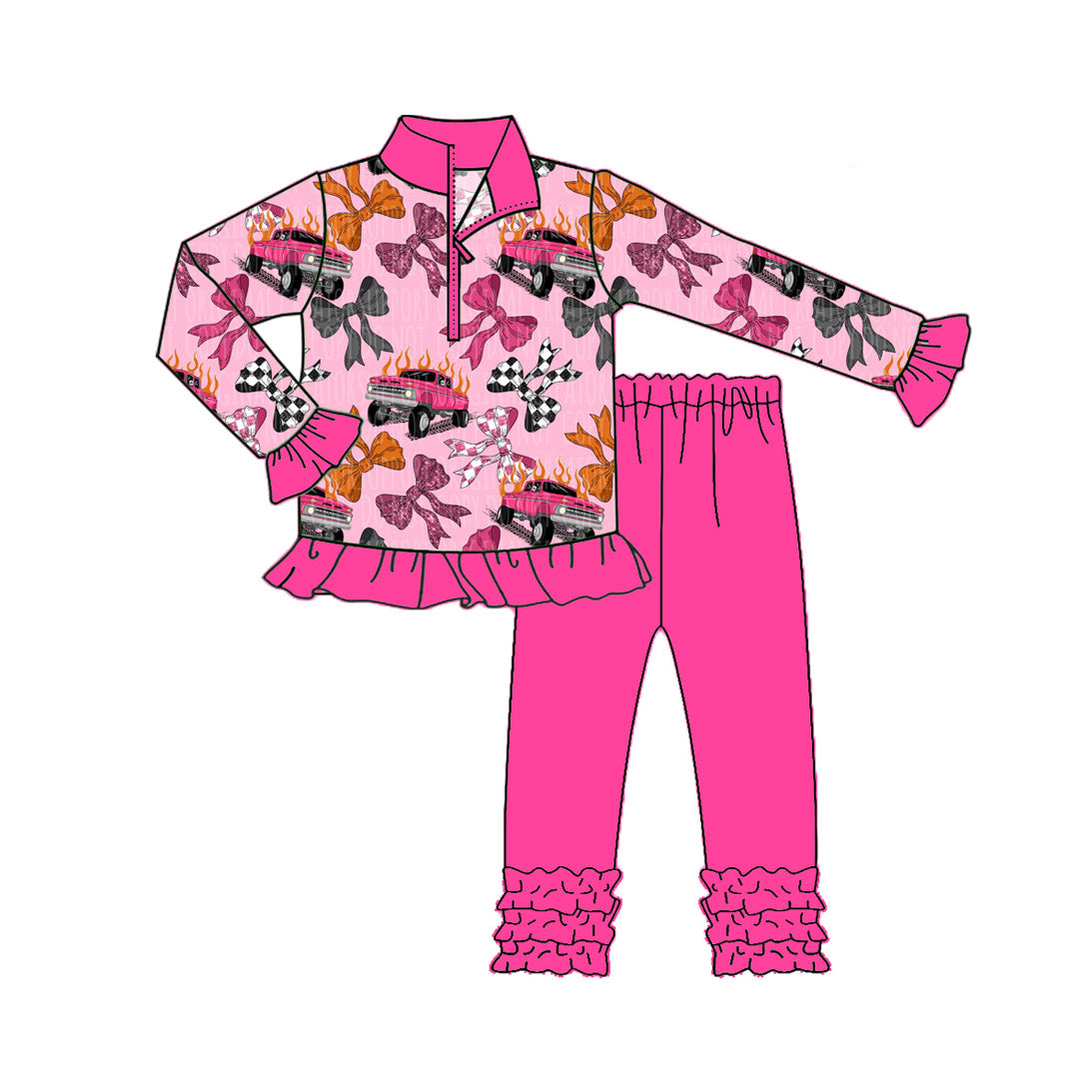 ( Moq 5 ) Preorder Baby Girl Long Sleeves Zipper Trucks Bows Tops Pink Pants Set