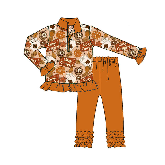 ( Moq 5 ) Preorder Baby Girl Long Sleeves Zipper Pumpkins Tops Brown Pants Fall Set