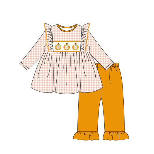 ( Moq 5 ) Preorder Baby Girl Long Sleeves Pumpkins Plaid Tunic Pants Thanksgiving Fall Set
