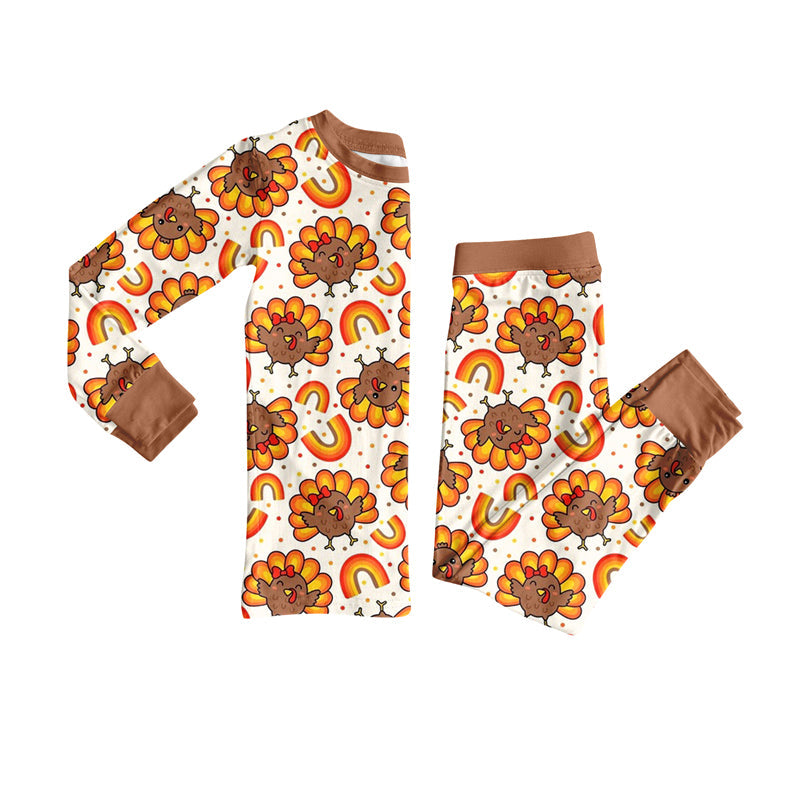 ( Moq 5 ) Preorder Baby Girl Long Sleeves turkey Rainbow Shirt Pants Thanksgiving Pajamas Set