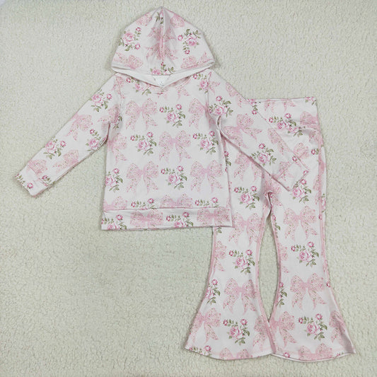 Baby Girl Long Sleeves Bows Floral Hoodie Shirt Bell Pants Clothes Pink Set RTS