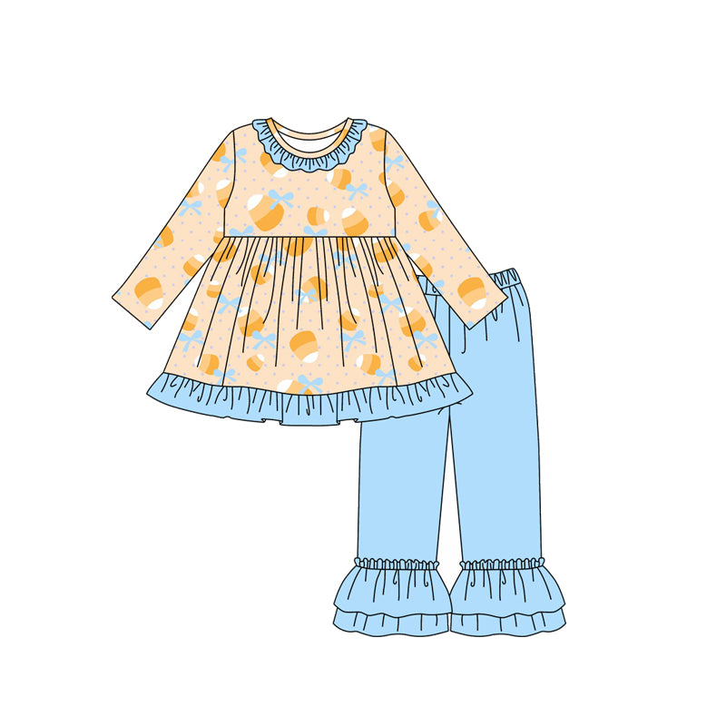 ( Moq 5 ) Preorder Baby Girl Long Sleeves Candy Corn Bows Tunic Blue Pants Halloween Set