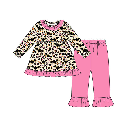 ( Moq 5 ) Preorder Baby Girl Long Sleeves Bats Leopard Ruffle Tunic Pink Pants Halloween Set