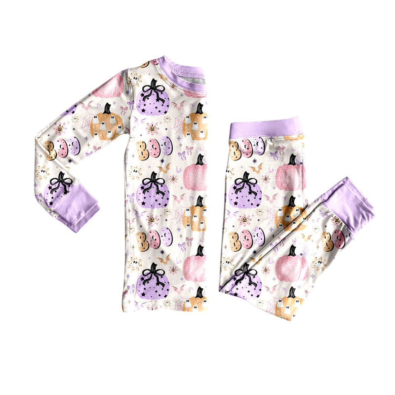 ( Moq 5 ) Preorder Baby Girl Toddler Long Sleeves Pumpkins Bows Boo Shirt Pants Halloween Pajamas Set