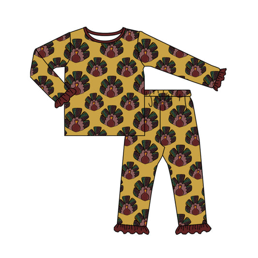( Moq 5 ) Preorder Baby Girl Long Sleeves turkey Shirt Pants Thanksgiving Fall Pajamas Set