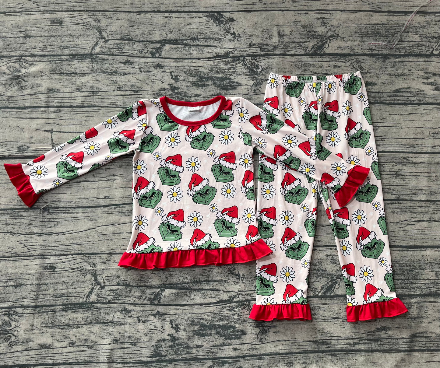 Baby Girl Long Sleeves Green Face Flower Christmas Shirt Pants Pajamas Set RTS