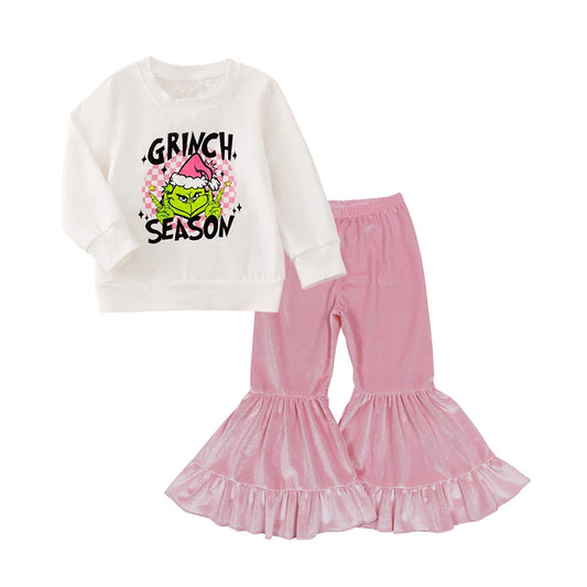 ( Moq 5 ) Preorder Baby Girl Long Sleeves Green Face Shirt Pink Velvet Bell Pants Christmas Set