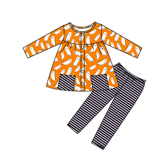 ( Moq 5 ) Preorder Baby Girl Long Sleeves Ghosts Pockets Orange Tunic Stripes Pants Halloween Set