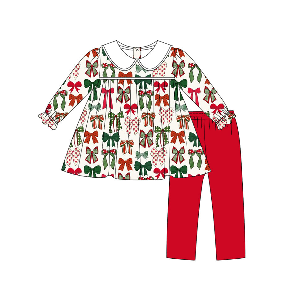 ( Moq 5 ) Preorder Baby Girl Long Sleeves Bows Tunic Red Pants Christmas Clothes Set