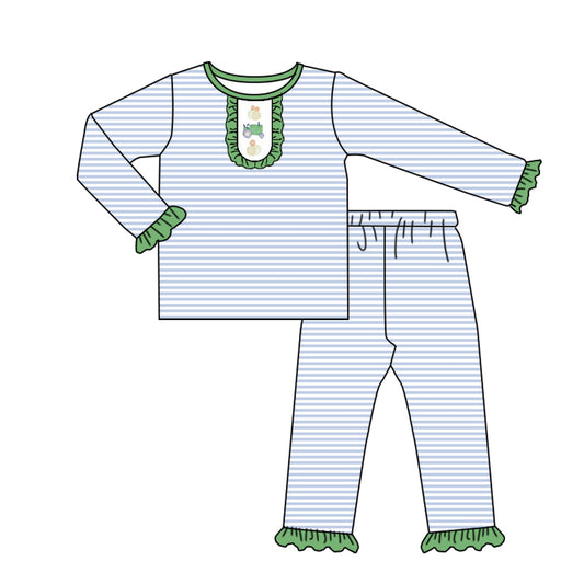( Moq 5 ) Preorder Baby Girl Long Sleeves Pumpkins Tractor Shirt Stripes Pants Fall Pajamas Set