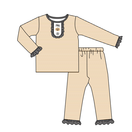 ( Moq 5 ) Preorder Baby Girl Long Sleeves Pumpkin Spider Shirt Stripes Pants Halloween Pajamas Set
