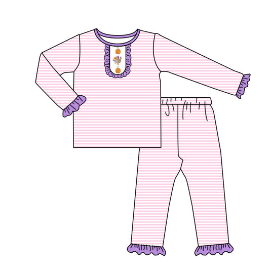 ( Moq 5 ) Preorder Baby Girl Long Sleeves Pumpkins turkey Shirt Stripes Pants Thanksgiving Pajamas Set