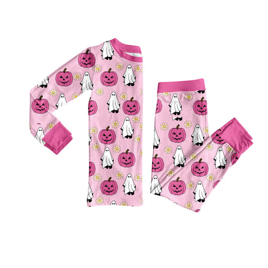 ( Moq 5 ) Preorder Baby Girl Long Sleeves Pumpkins Ghost Flower Shirt Pants Halloween Pink Pajamas Set