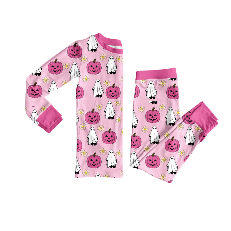 ( Moq 5 ) Preorder Baby Girl Long Sleeves Pumpkins Ghost Flower Shirt Pants Halloween Pink Pajamas Set
