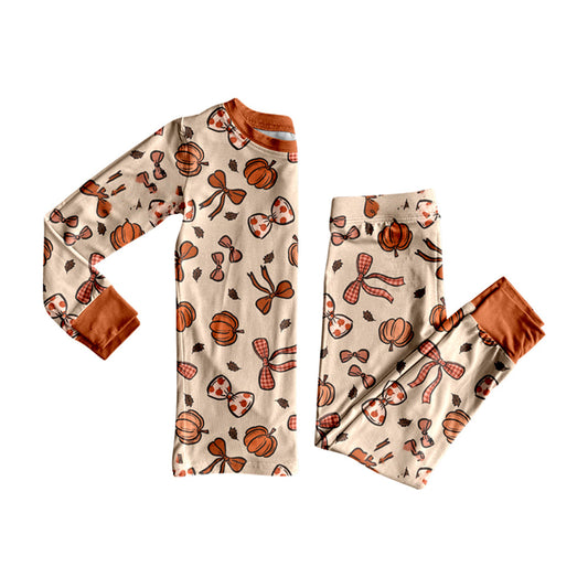 ( Moq 5 ) Preorder Baby Girl Long Sleeves Pumpkins Bows Shirt Pants Fall Pajamas Set